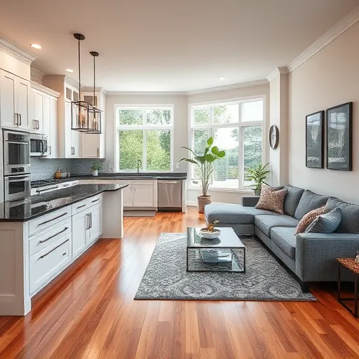 Sleek modern kitchen and living area in Schererville IN featuring stylish decor, open layout, and natural light.