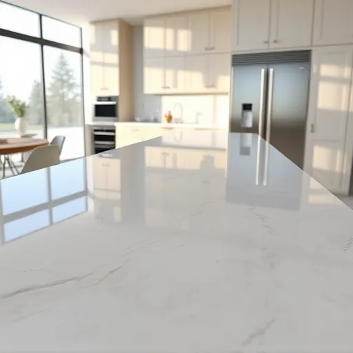 Freshly installed quartz countertop in a modern kitchen with sleek surfaces, subtle veining, stainless steel appliances, and natural light