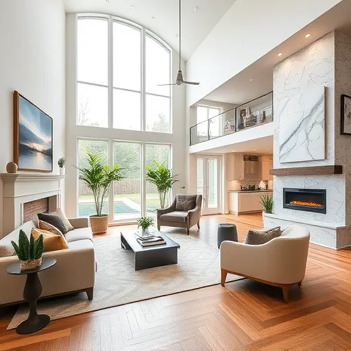 Elegant living room interior in Lansing IL, featuring high ceilings, natural light, modern furniture, and tasteful decor.