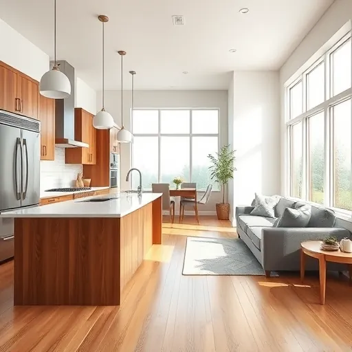 Modern kitchen and living area remodel in South Holland IL features sleek cabinetry, quartz countertops, and natural light.
