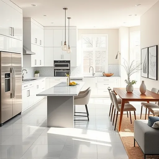 Contemporary kitchen remodel in Posen IL featuring sleek white cabinets, marble island, and stainless appliances.