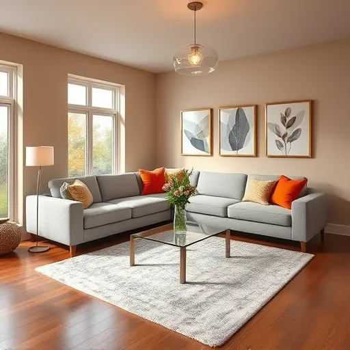 Remodeled living room in Marktown IN with modern design, gray sectional, vibrant pillows, and elegant decor.