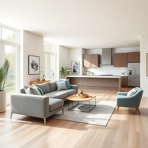 Elegantly remodeled living room in Glenwood IL with open layout, natural light, modern decor, and chic kitchen area.