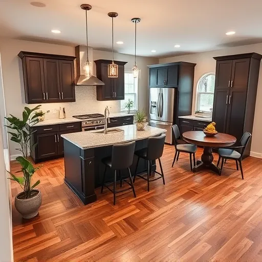 Modern kitchen remodel in Hammond IN features sleek cabinetry, granite counters, island, and warm pendant lighting.
