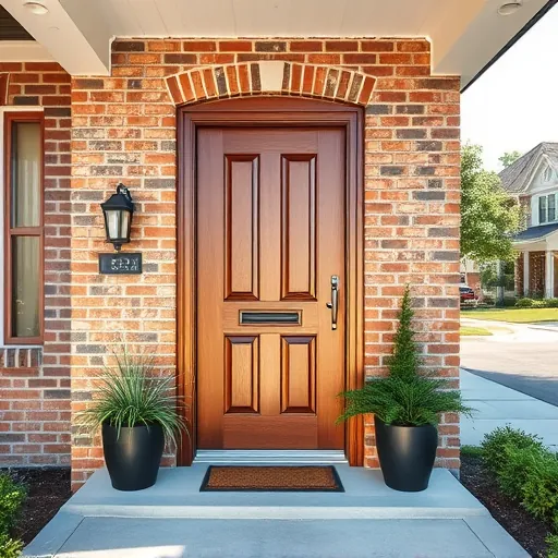 Newly installed wooden entry door with metal hardware on brick facade in East Chicago Indiana, surrounded by a well-kept porch and neighborhood.