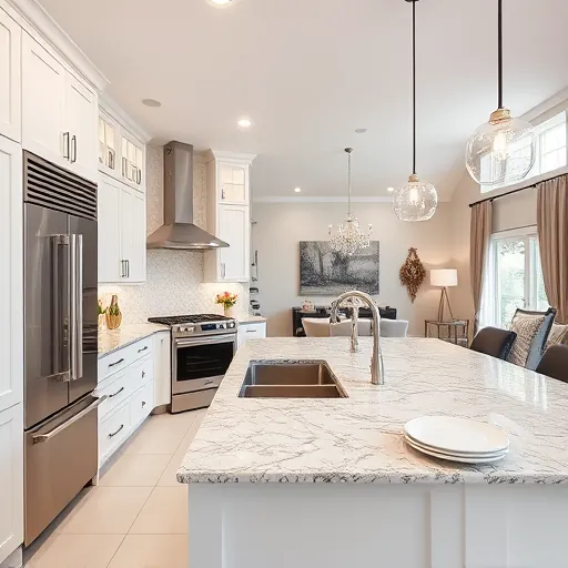 Modern kitchen remodel in Thornton IL with sleek white cabinetry, granite countertops, stainless steel appliances, and natural light.