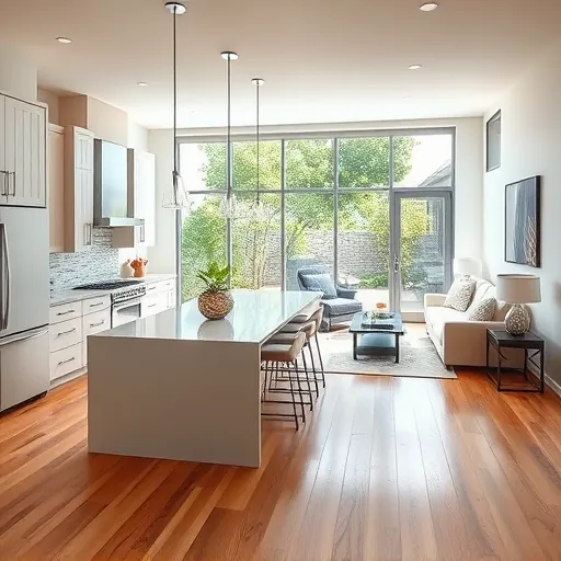Modern interior remodeling in Chicago Heights features open kitchen-living layout with elegant decor and natural light.
