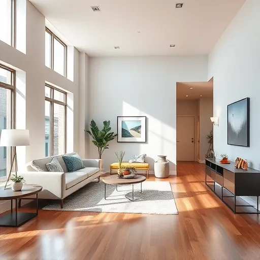 Freshly painted modern living room in East Chicago with neutral walls, natural light, hardwood floors, and stylish décor