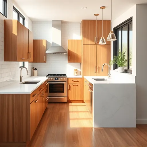 Freshly remodeled kitchen in East Chicago with modern wood cabinetry, marble countertops, stainless steel appliances, and natural lighting.