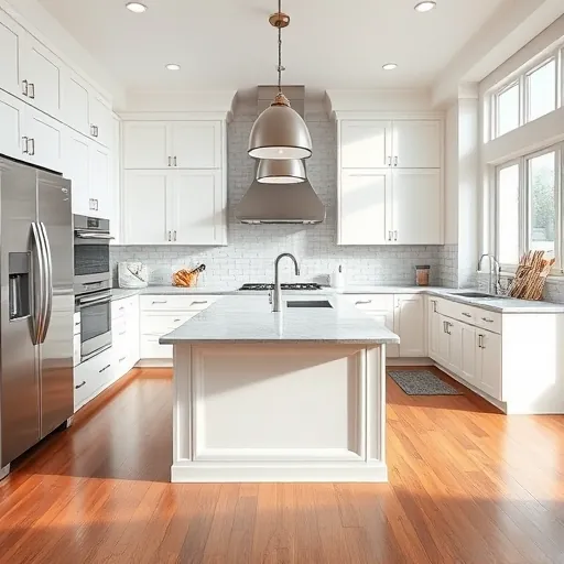 Modern renovated kitchen in East Chicago with white cabinetry, stainless steel appliances, and marble countertop island.