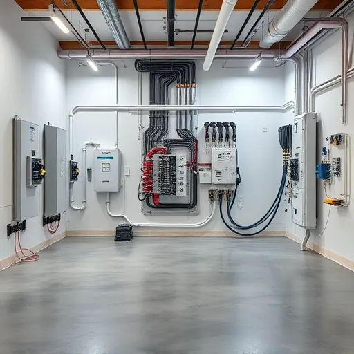 Modern home electrical system with organized panels, new wiring behind drywall, and bright LED lighting in a renovated basement