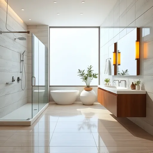 Renovated modern bathroom in East Chicago with walk-in shower, freestanding tub, double vanity, tiled walls, and natural light