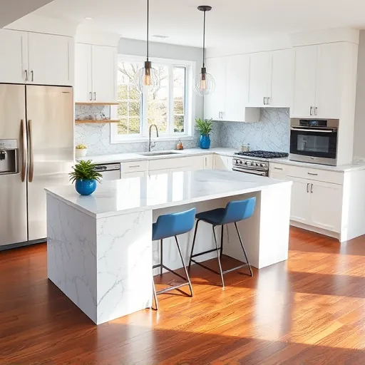 Modern kitchen remodel in Blue Island IL features sleek white cabinetry, marble countertops, and stylish bar stools.
