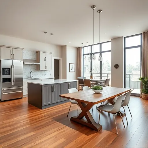 Remodeled living space in East Chicago IN with modern kitchen, elegant dining area, and polished hardwood floors.