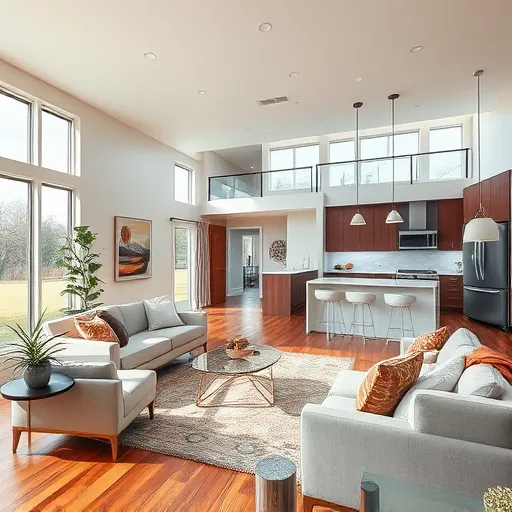 Modern open living space in Roxana IN with sleek furniture, large windows, and a seamless kitchen design.