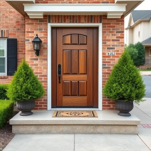 Modern wooden entry door with black hardware glass panel brick facade white trim greenery on residential street East Chicago