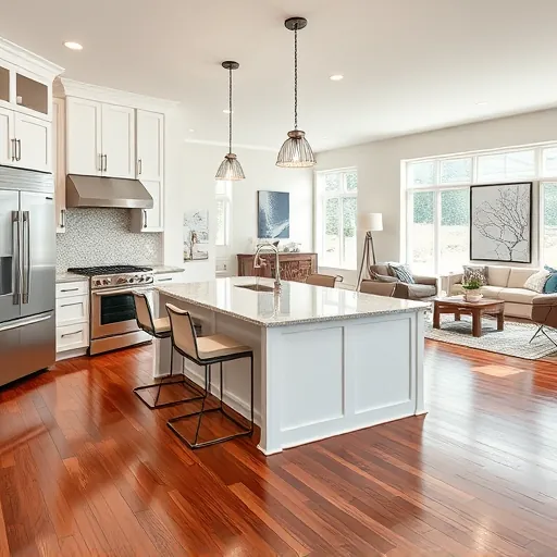 Remodeled Indiana Harbor kitchen features modern appliances, white cabinetry, large island with bar stools, and stylish details.