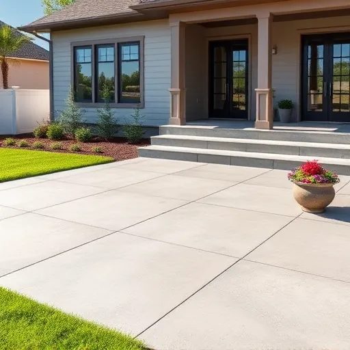 Newly installed concrete patio in East Chicago with landscaped greenery and modern house in bright natural light
