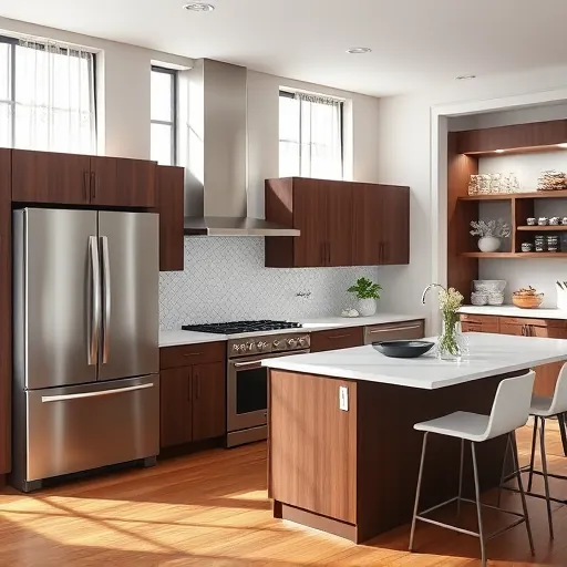 Contemporary Steger IL kitchen with walnut cabinetry, quartz countertops, textured backsplash, and polished oak flooring.