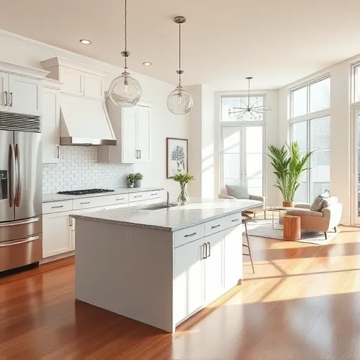 Modern kitchen remodel in Matteson IL with sleek white cabinetry, polished granite island, and natural light.