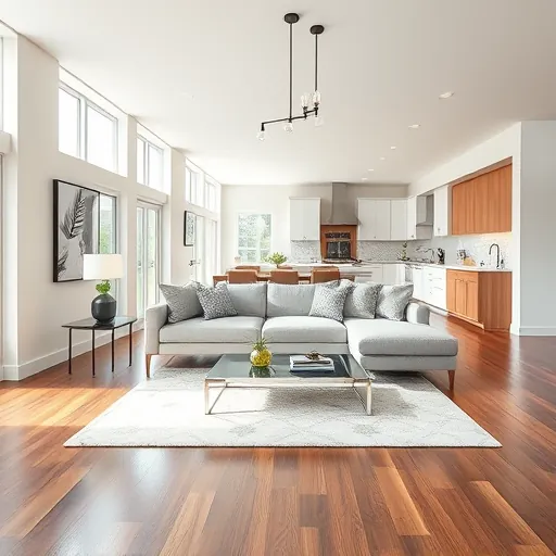 Modern living room remodel in Munster IN with open layout, natural light, stylish decor, and contemporary kitchen.