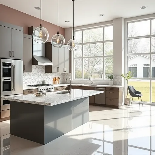 Freshly remodeled kitchen in East Chicago with modern cabinetry, granite island, stainless steel appliances, and stylish lighting.