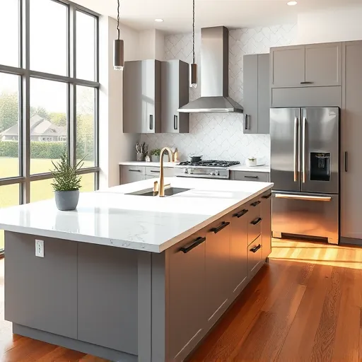 Modern kitchen in East Chicago with sleek cabinetry, quartz island, stainless appliances, and elegant decor.