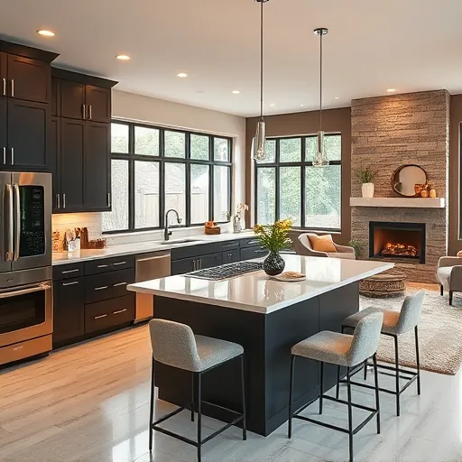 Modern kitchen in Sauk Village IL featuring dark cabinetry, quartz island, stainless steel appliances, and inviting decor.