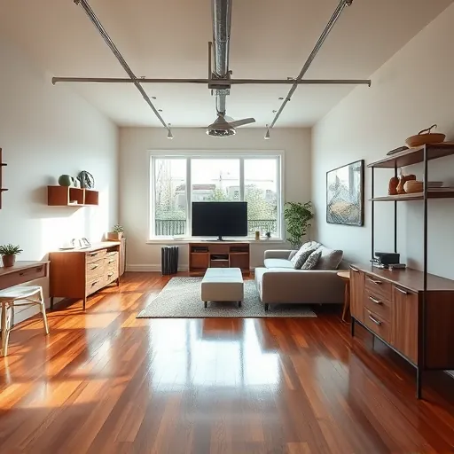 Modern renovated East Chicago garage interior with hardwood floors neutral walls organized storage natural light stylish decor