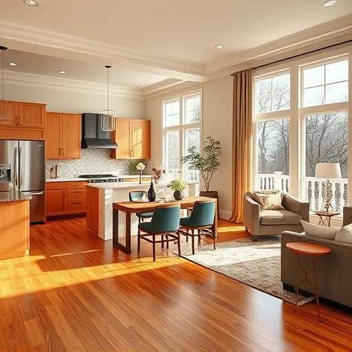 Remodeled living space in Glenwood IL featuring modern kitchen, elegant dining area, and warm color palette.