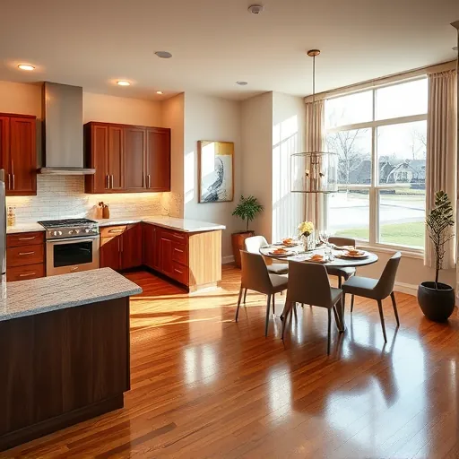 Modern kitchen remodeling in Burnham IL featuring granite countertops, wooden cabinetry, and ambient lighting.