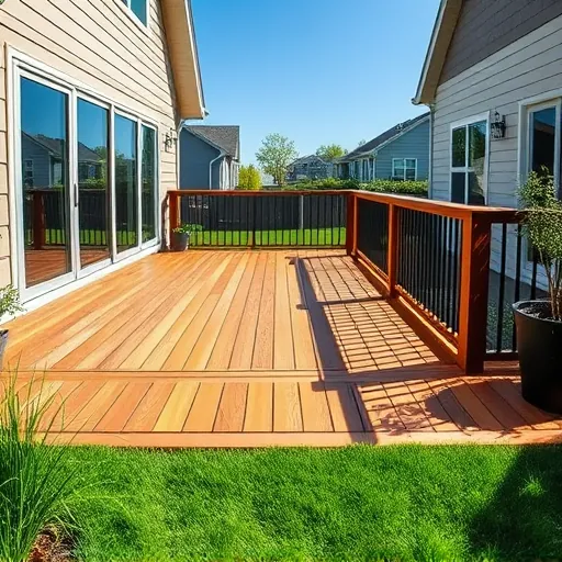 Newly built wooden deck in East Chicago Indiana with detailed craftsmanship, lush landscaping, and a welcoming suburban background