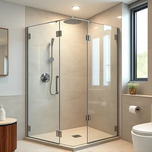 Modern shower with glass doors chrome fixtures neutral stone tiles stylish bathroom natural lighting
