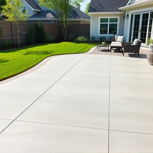 Completed concrete patio in East Chicago with smooth edges, lush backyard, modern furniture, and outdoor lighting on a bright day