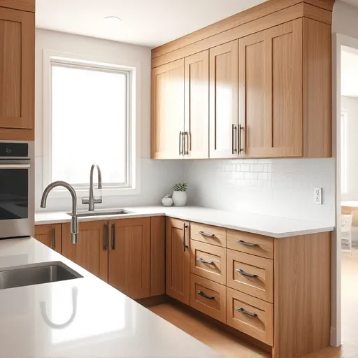 New modern oak kitchen cabinets with matte finish, upgraded hardware, and pristine surfaces in a bright East Chicago home