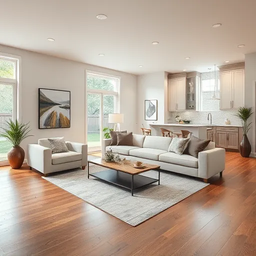 Elegant open-concept living room in Oak Forest IL featuring neutral tones, hardwood floors, and modern kitchen design.