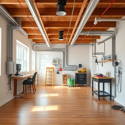 Finished home rewiring in East Chicago with exposed beams, organized electrical panels, polished hardwood, and bright natural light