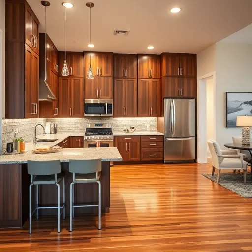 Modern kitchen remodel in Harvey IL featuring walnut cabinetry, granite countertops, stainless appliances, and inviting decor.