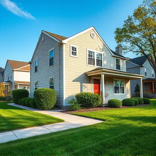Modern East Chicago home with beige vinyl siding, lush front yard, trimmed bushes, paved walkway, and neighboring houses under clear blue sky