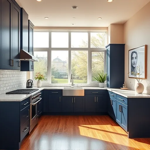 Modern kitchen remodel in Blue Island IL featuring marble countertops, navy cabinetry, stainless appliances, and natural light.