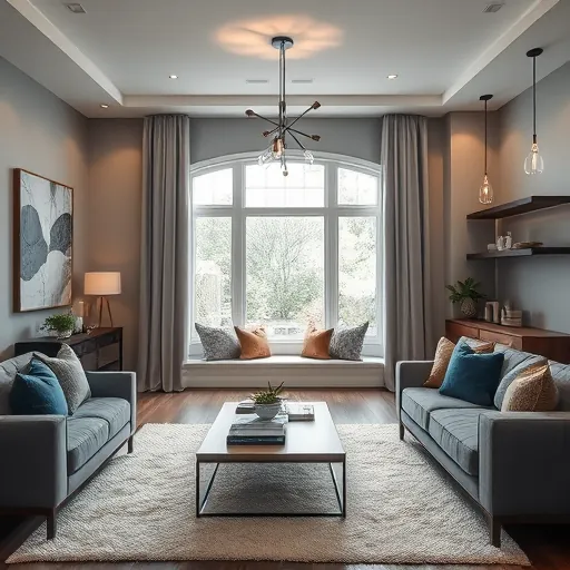 Inviting living room in Dyer, IN with modern decor, soft color palette, natural light, and elegant furnishings.