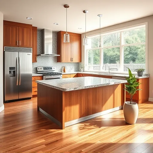 Stunning remodeled kitchen in Burnham IL features modern island, granite countertops, sleek cabinetry, and stainless appliances.