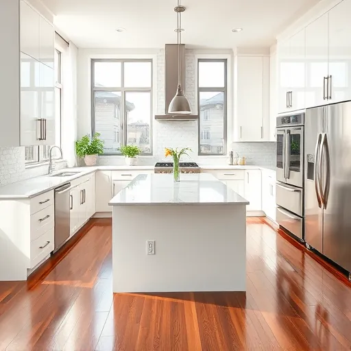 Modern kitchen remodel in Orland Park with sleek white cabinetry, quartz countertops, and stainless steel appliances.