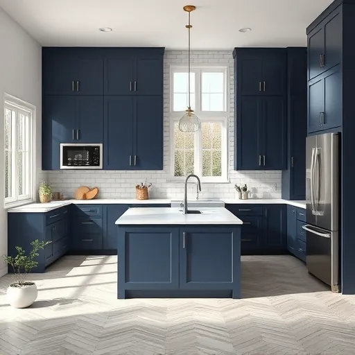 Modern kitchen remodel in East Chicago with navy cabinetry, quartz countertops, and high-end stainless steel appliances.