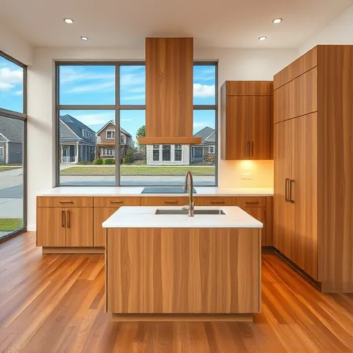 Modern kitchen in East Chicago with custom wooden cabinets, white quartz countertops, stainless steel sink, hardwood floors and scenic windows