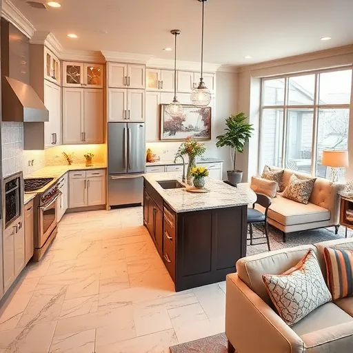 Modern kitchen remodel in Evergreen Park IL featuring sleek appliances, elegant cabinetry, and polished granite island.