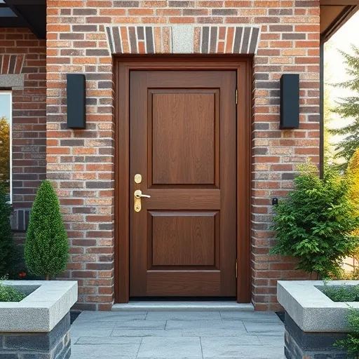 Newly installed wooden entry door with elegant hardware in East Chicago outdoor scene with lush garden and brick facade