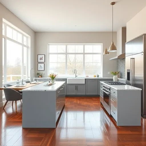A modern Merrionette Park kitchen with sleek appliances, marble island, and inviting decor in muted earth tones.