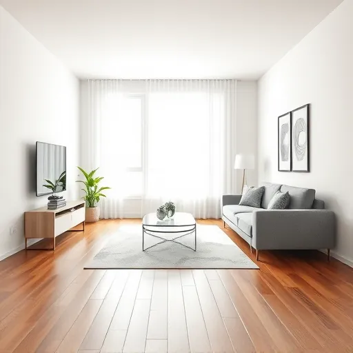 Modern living room interior in East Chicago with white matte walls, wooden flooring, minimalist furniture, and natural daylight