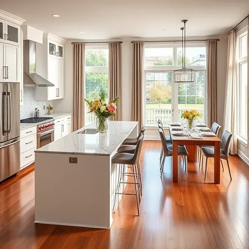 Modern Calumet City kitchen with marble countertops, white cabinetry, stainless steel appliances, and hardwood floors.